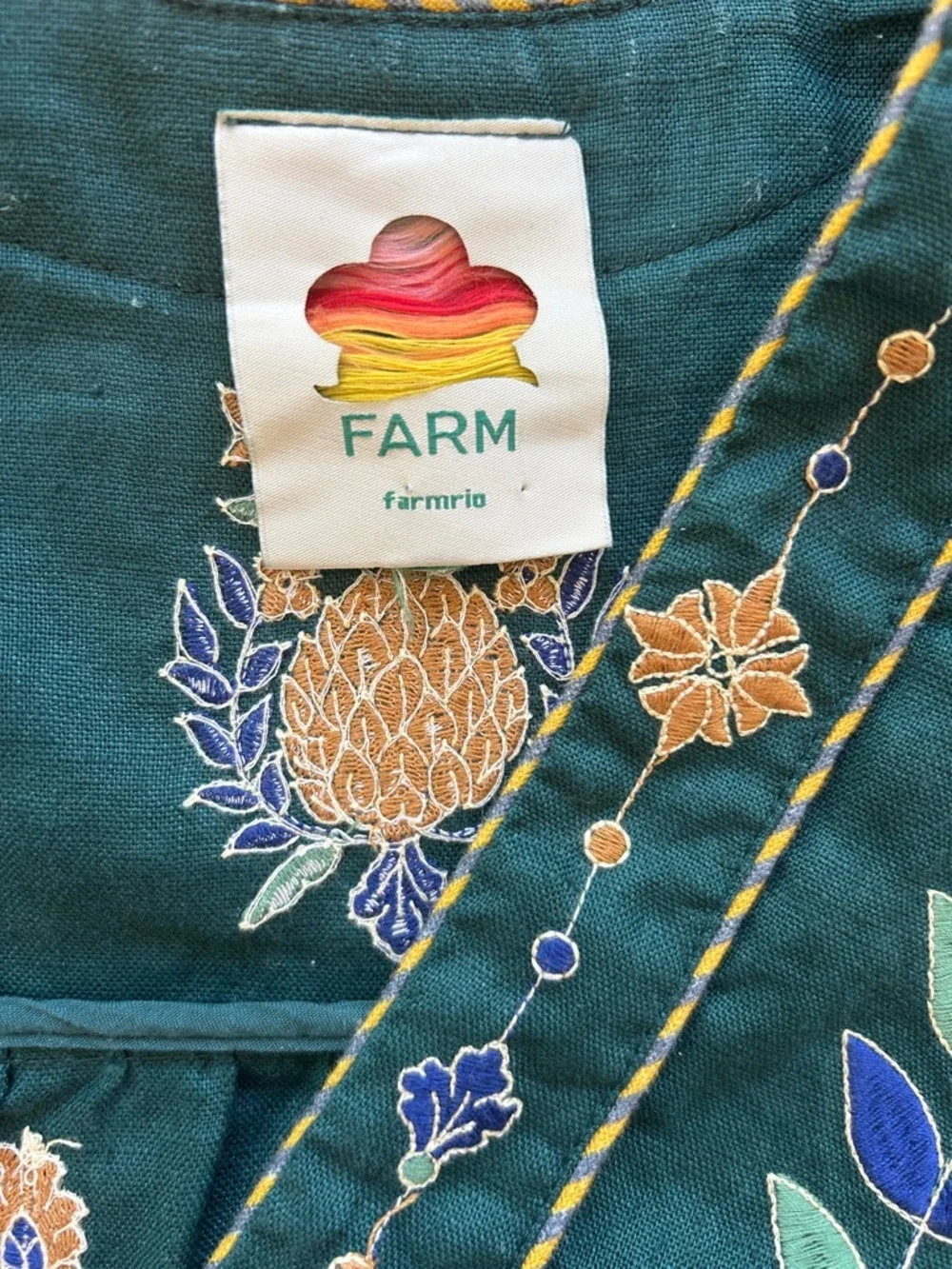 FARM Rio Emerald Green pineapple Maxi Dress with Yellow & Blue Embroidery - Picture 9 of 14